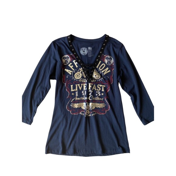 Affliction Womens American Customs Moto Foil Graphic Lace Up Top Size L Blue Y2K - Picture 9 of 15